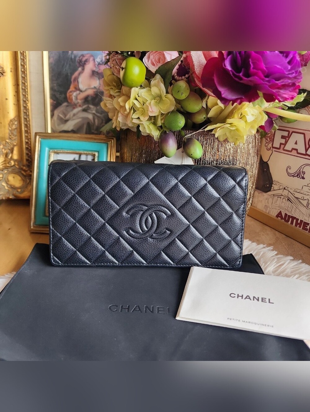 CHANEL Black Quilted Caviar LeatherLong Wallet with CC Logo